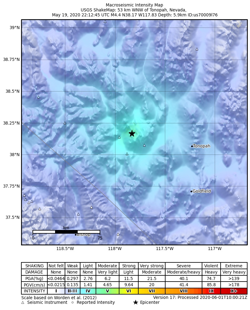 USGS ShakeMap: estimated shaking intensity around the epicenter