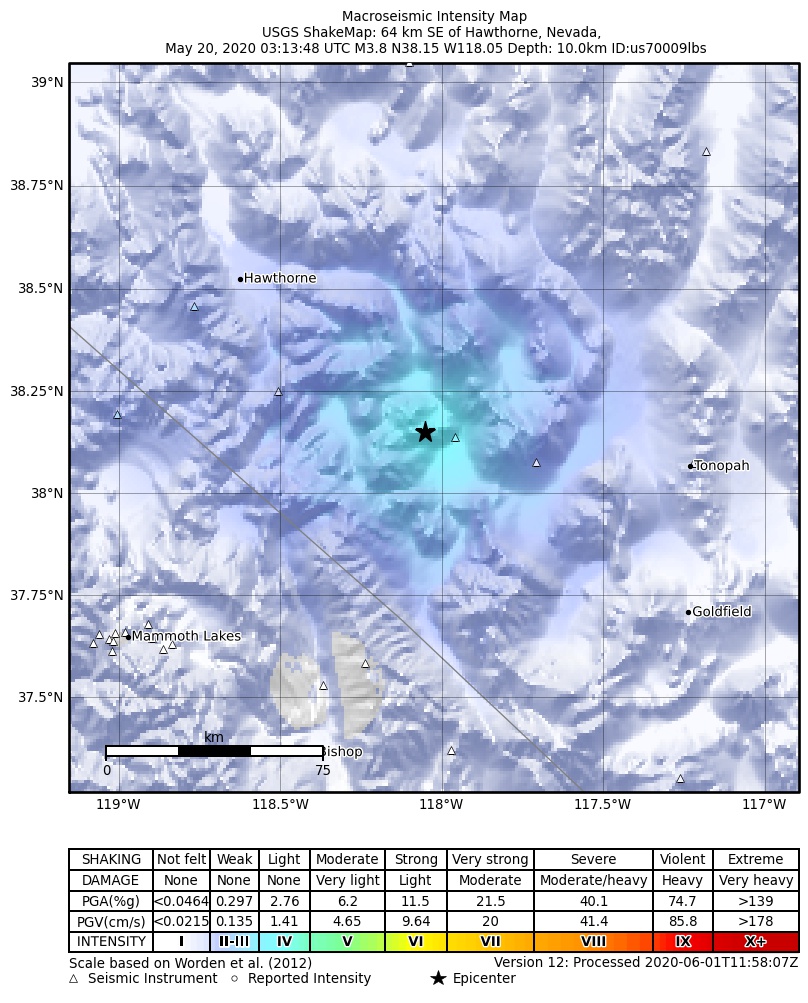 USGS ShakeMap: estimated shaking intensity around the epicenter