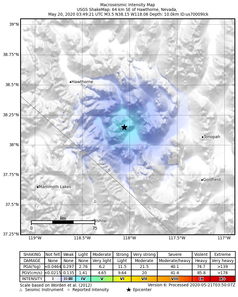 USGS ShakeMap: estimated shaking intensity around the epicenter