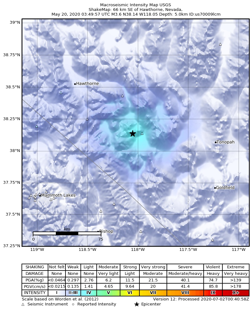 USGS ShakeMap: estimated shaking intensity around the epicenter