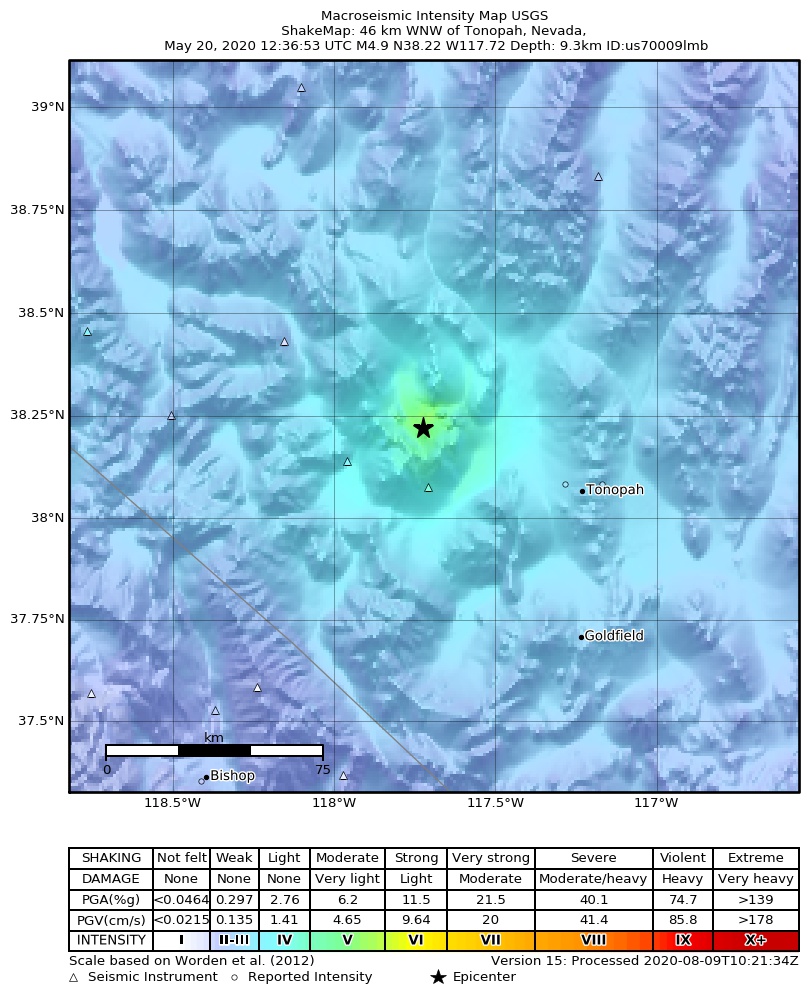 USGS ShakeMap: estimated shaking intensity around the epicenter