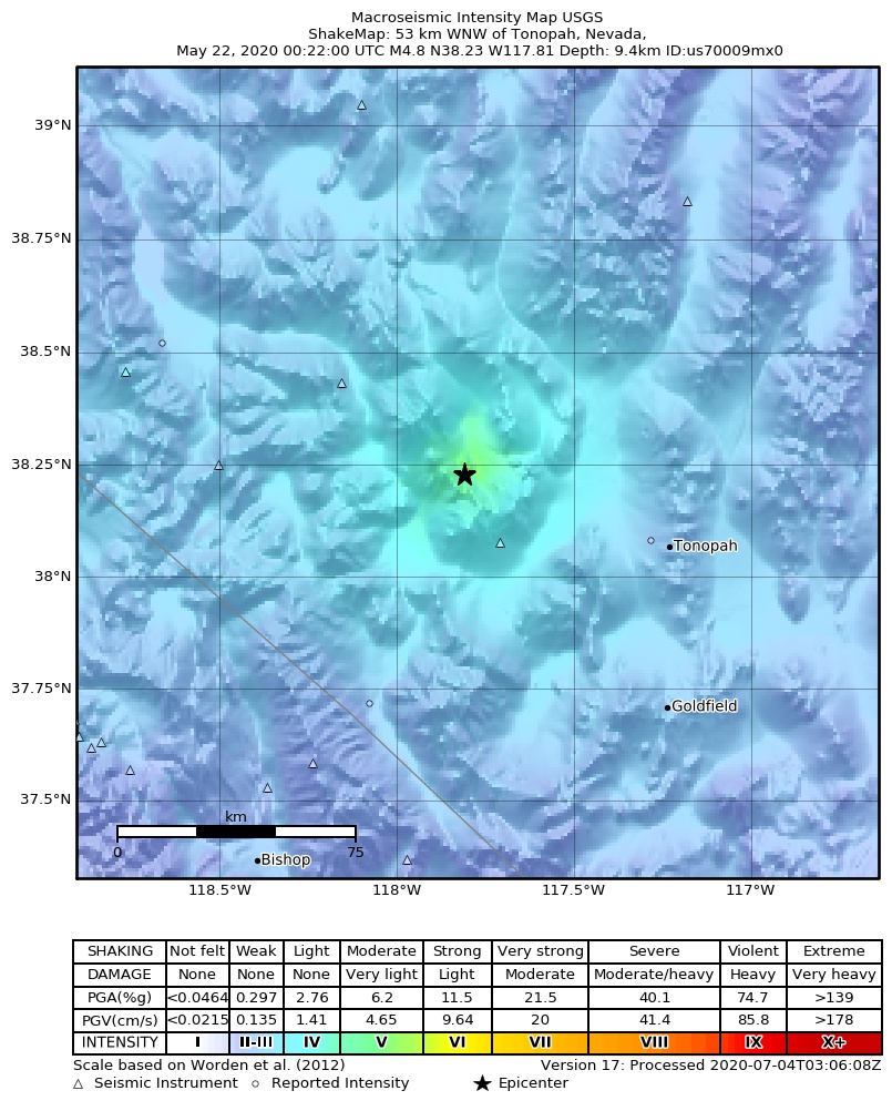 USGS ShakeMap: estimated shaking intensity around the epicenter