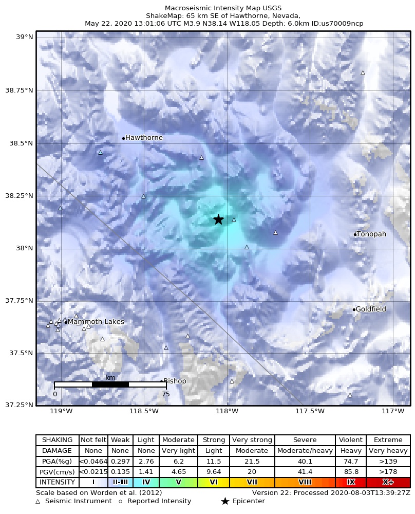USGS ShakeMap: estimated shaking intensity around the epicenter