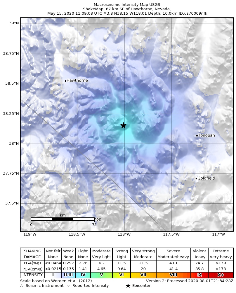 USGS ShakeMap: estimated shaking intensity around the epicenter