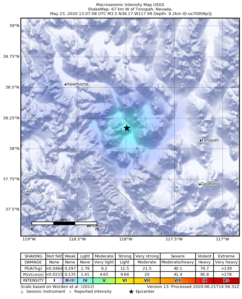 USGS ShakeMap: estimated shaking intensity around the epicenter