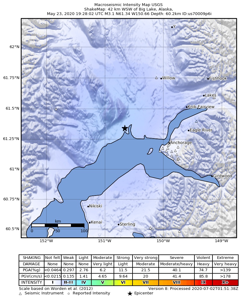 USGS ShakeMap: estimated shaking intensity around the epicenter