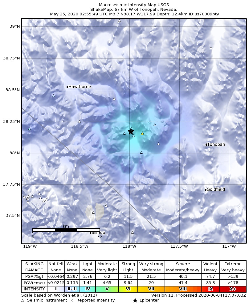 USGS ShakeMap: estimated shaking intensity around the epicenter