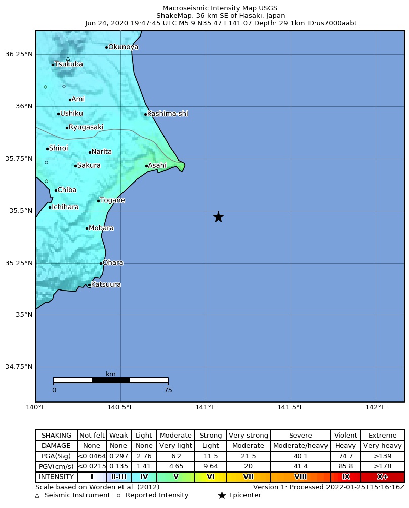 USGS ShakeMap intensity contours for the M5.9 earthquake near 36 km SE of Hasaki, Japan