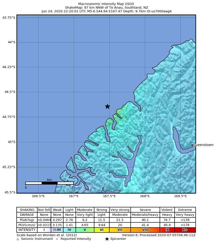 USGS ShakeMap intensity contours for the M5.6 earthquake near 87 km NNW of Te Anau, New Zealand