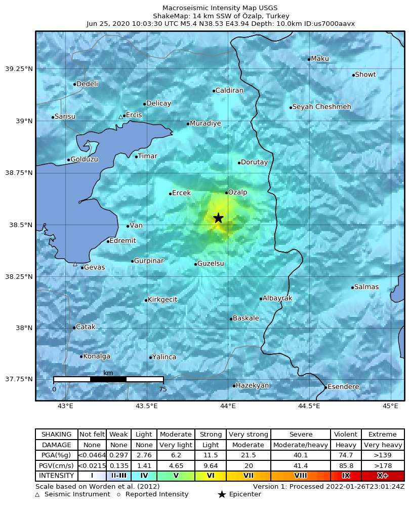 USGS ShakeMap intensity contours for the M5.4 earthquake near 14 km SSW of Özalp, Turkey