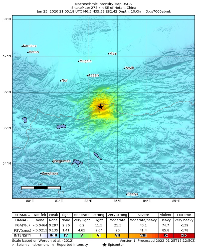 USGS ShakeMap intensity contours for the M6.3 earthquake near 278 km SE of Hotan, China