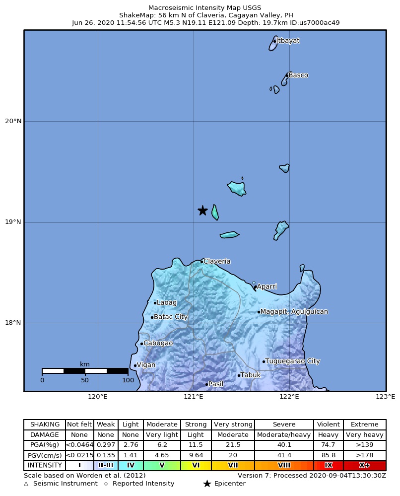 USGS ShakeMap intensity contours for the M5.3 earthquake near 56 km N of Claveria, Philippines