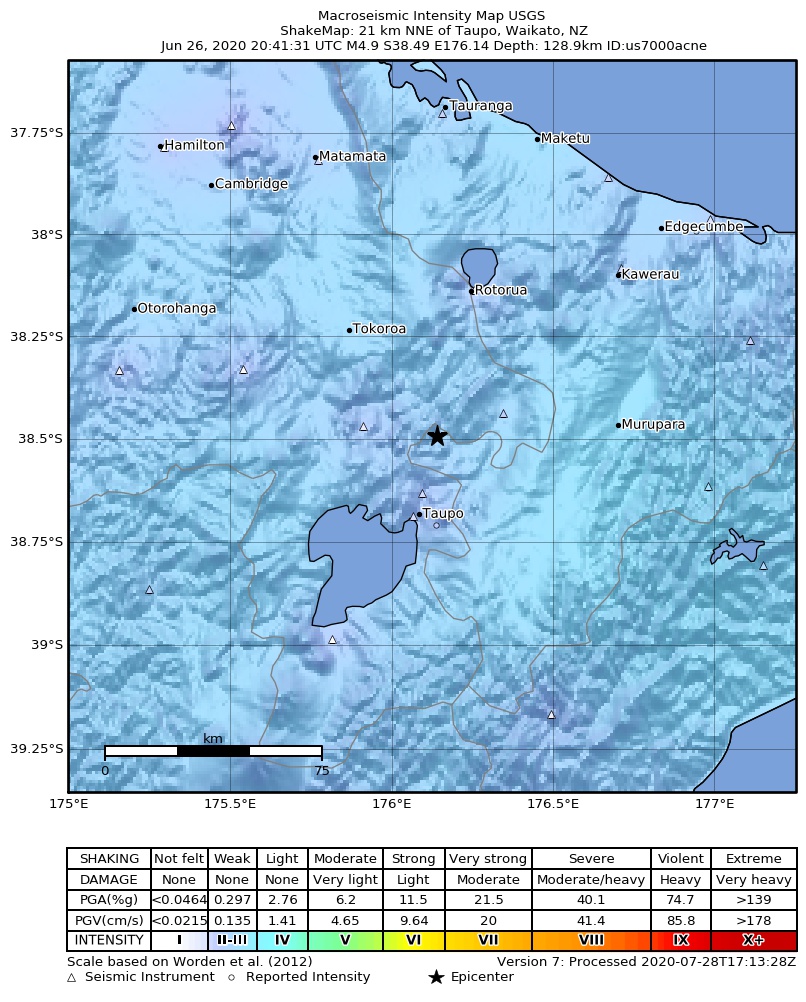 USGS ShakeMap intensity contours for the M4.9 earthquake near 21 km NNE of Taupo, New Zealand