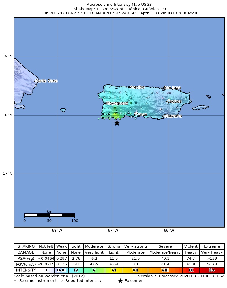 USGS ShakeMap intensity contours for the M4.8 earthquake near 5 km SW of Guánica, Puerto Rico