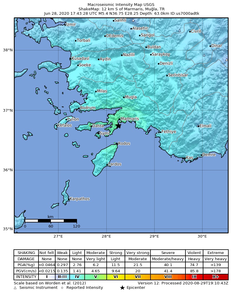 USGS ShakeMap intensity contours for the M5.4 earthquake near 5 km SSE of ?çmeler, Turkey
