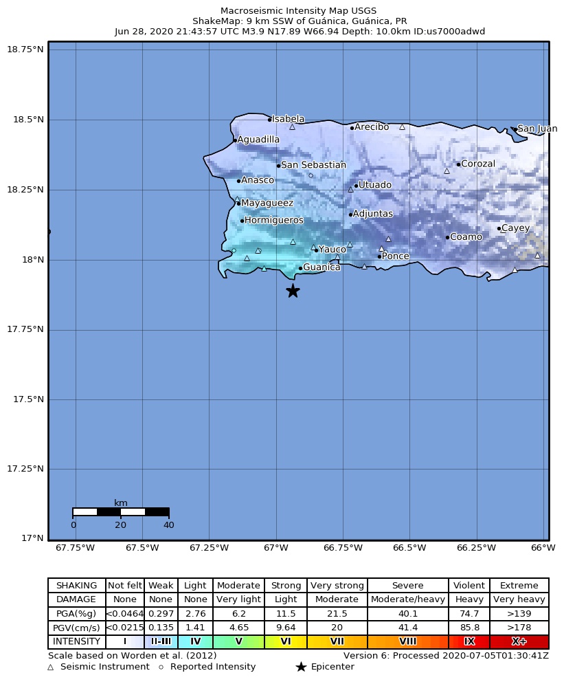 USGS ShakeMap intensity contours for the M3.7 earthquake near 5 km SW of Guánica, Puerto Rico