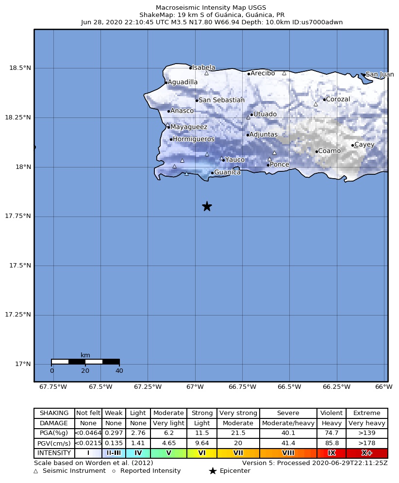 USGS ShakeMap intensity contours for the M3.4 earthquake near 5 km SW of Guánica, Puerto Rico