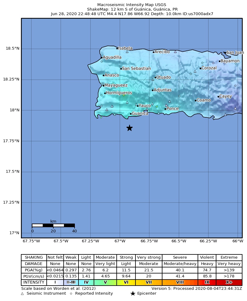 USGS ShakeMap intensity contours for the M4.5 earthquake near 5 km SW of Guánica, Puerto Rico