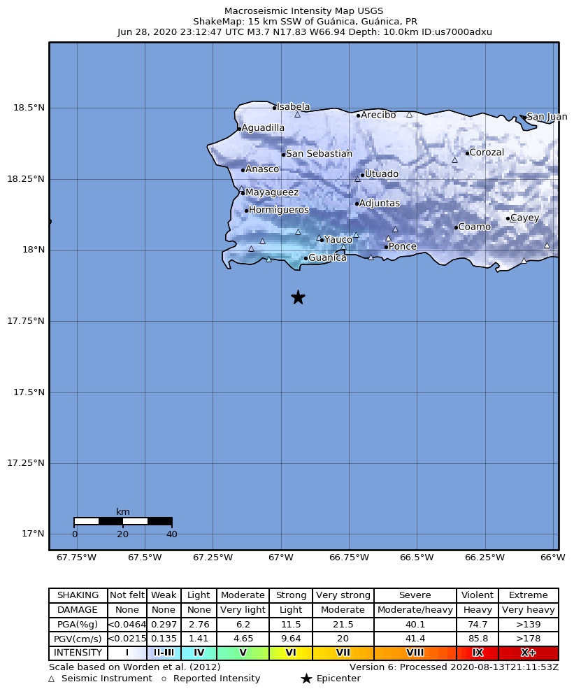 USGS ShakeMap intensity contours for the M3.6 earthquake near 6 km SW of Guánica, Puerto Rico