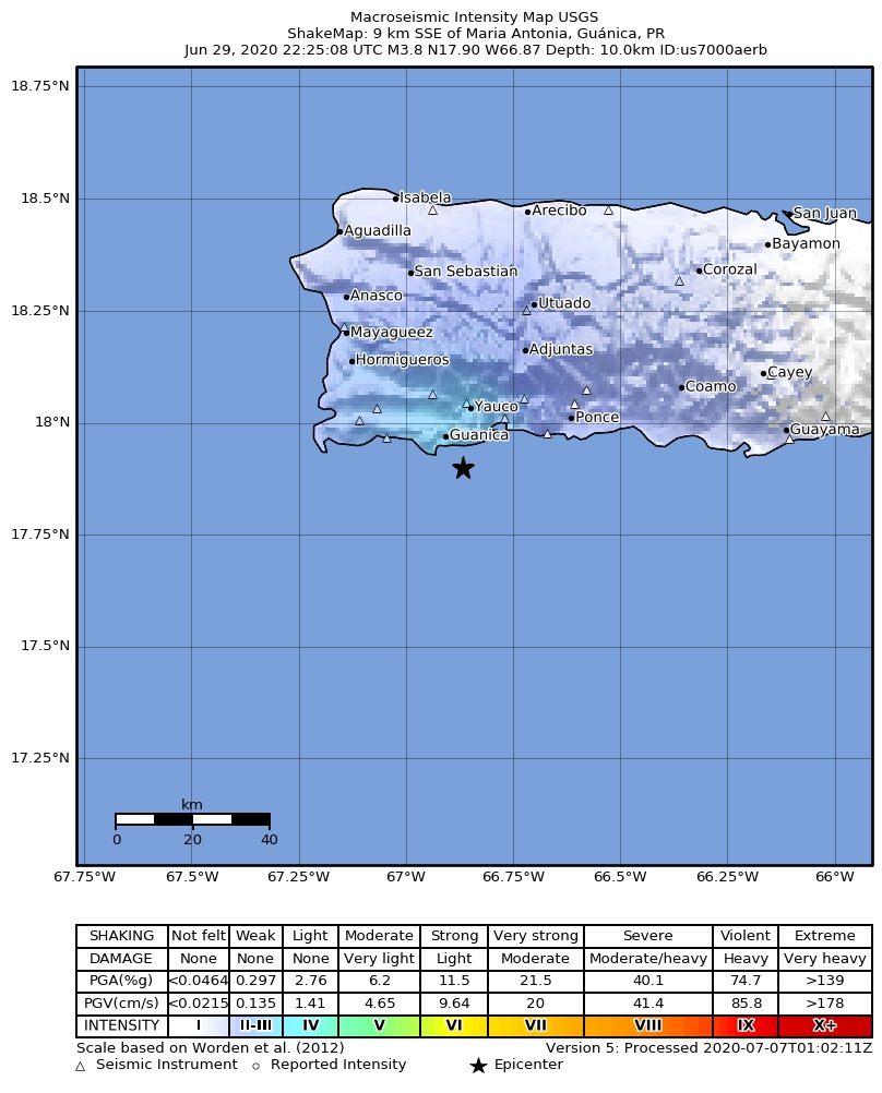 USGS ShakeMap intensity contours for the M3.5 earthquake near 4 km S of Maria Antonia, Puerto Rico