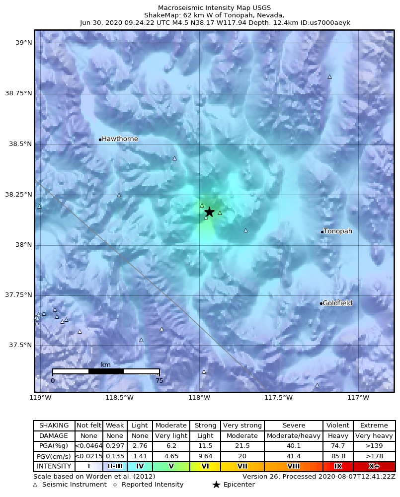 USGS ShakeMap: estimated shaking intensity around the epicenter