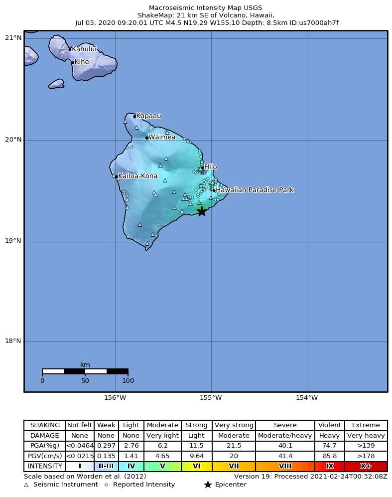 USGS ShakeMap intensity contours for the M4.6 earthquake near 15 km S of Fern Forest, Hawaii