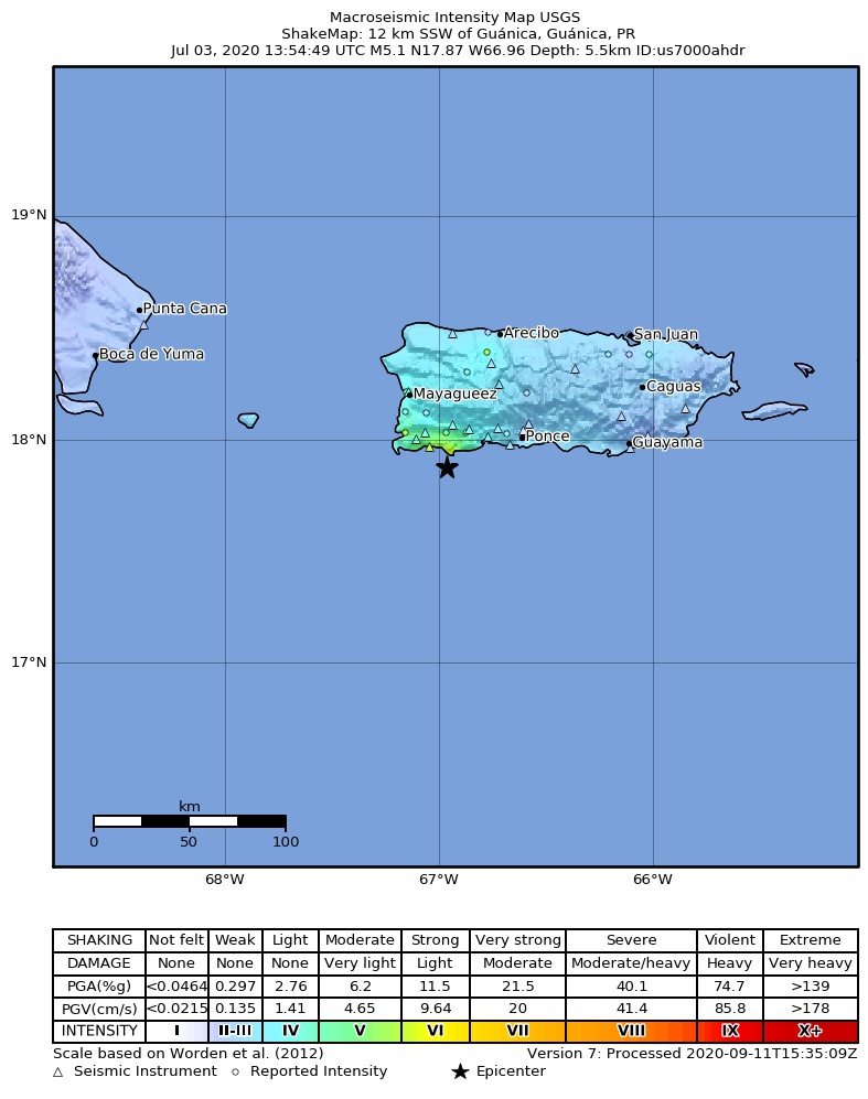 USGS ShakeMap intensity contours for the M4.9 earthquake near 5 km SE of La Parguera, Puerto Rico