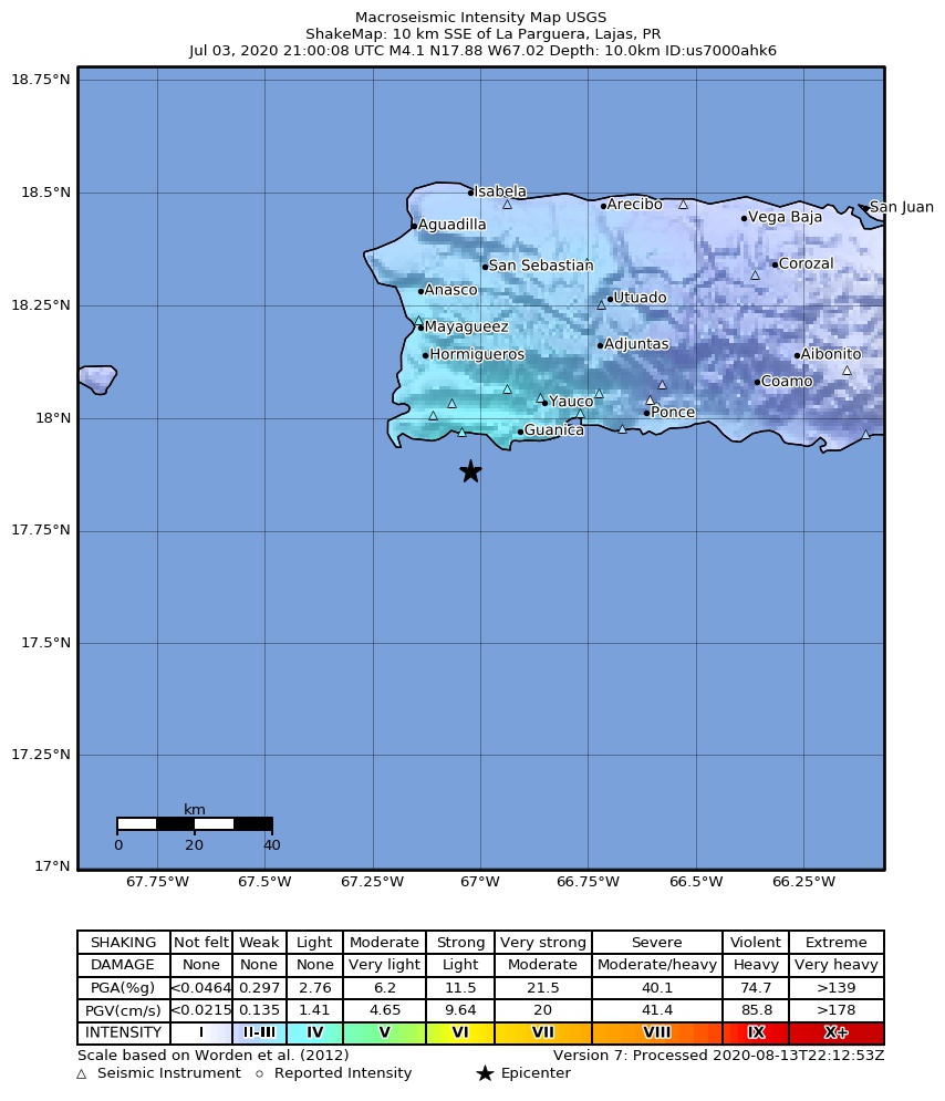 USGS ShakeMap intensity contours for the M4.1 earthquake near 4 km SE of La Parguera, Puerto Rico