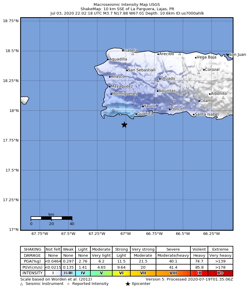 USGS ShakeMap intensity contours for the M3.4 earthquake near 5 km ESE of La Parguera, Puerto Rico