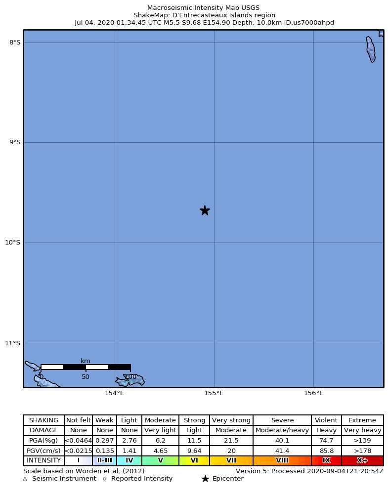 USGS ShakeMap intensity contours for the M5.5 earthquake near 275 km SW of Gizo, Solomon Islands