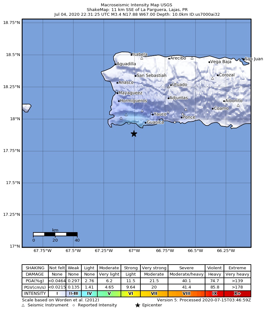 USGS ShakeMap intensity contours for the M3.5 earthquake near Puerto Rico region