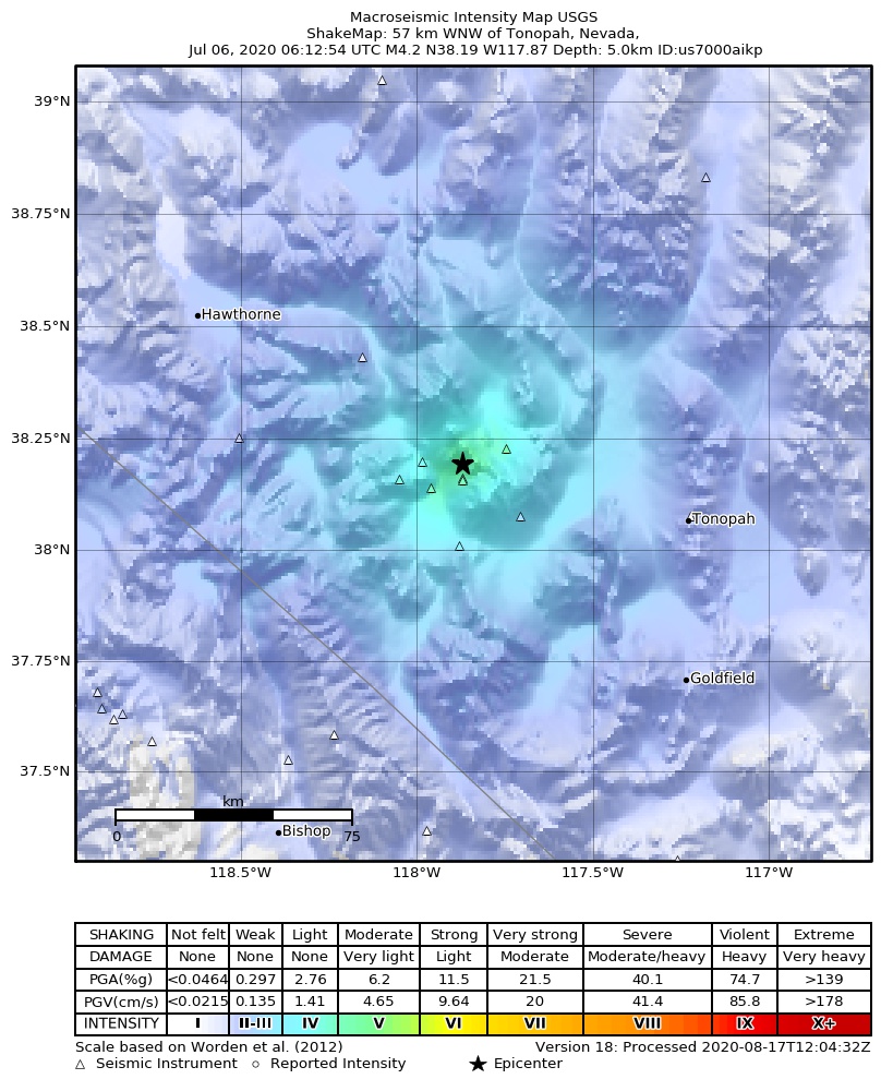USGS ShakeMap: estimated shaking intensity around the epicenter