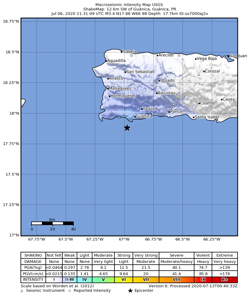 USGS ShakeMap intensity contours for the M3.5 earthquake near 5 km WSW of Guánica, Puerto Rico