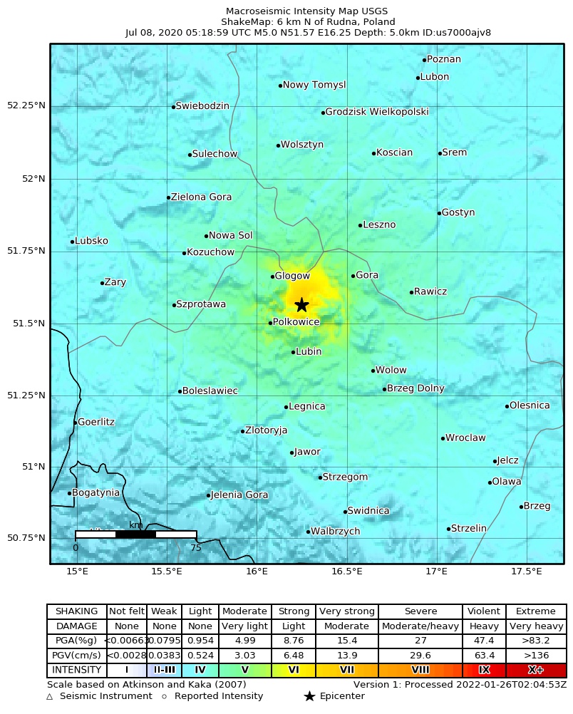 USGS ShakeMap intensity contours for the M5.0 earthquake near 6 km N of Rudna, Poland