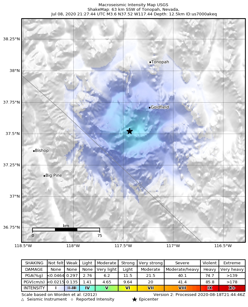 USGS ShakeMap: estimated shaking intensity around the epicenter