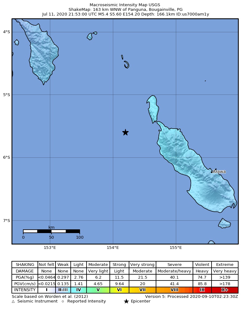 USGS ShakeMap intensity contours for the M5.4 earthquake near 163 km WNW of Panguna, Papua New Guinea