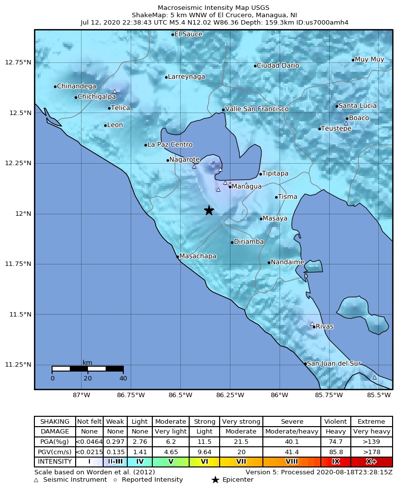 USGS ShakeMap intensity contours for the M5.4 earthquake near 5 km WNW of El Crucero, Nicaragua