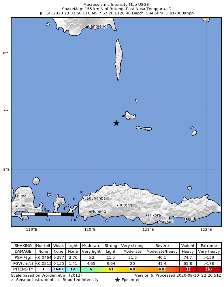 USGS ShakeMap intensity contours for the M5.7 earthquake near 155 km N of Ruteng, Indonesia