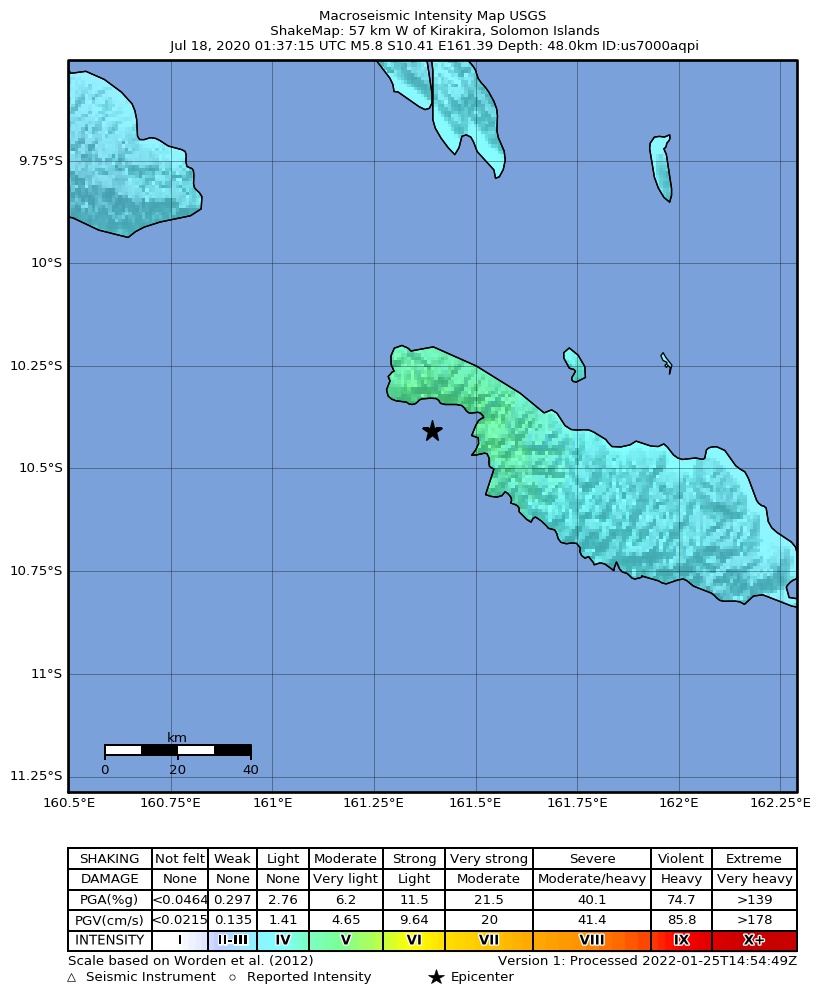USGS ShakeMap intensity contours for the M5.8 earthquake near 57 km W of Kirakira, Solomon Islands