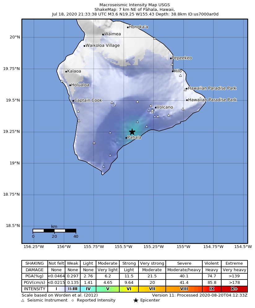 USGS ShakeMap intensity contours for the M3.0 earthquake near 7 km ENE of P?hala, Hawaii