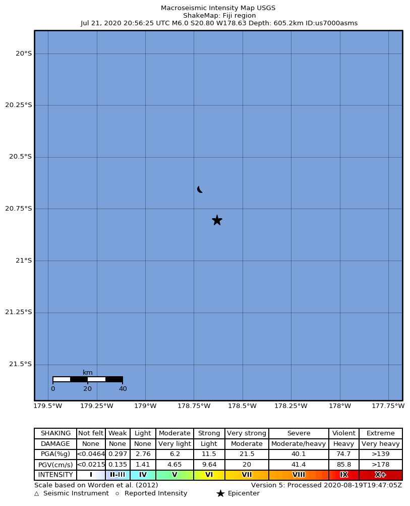 USGS ShakeMap: estimated shaking intensity around the epicenter
