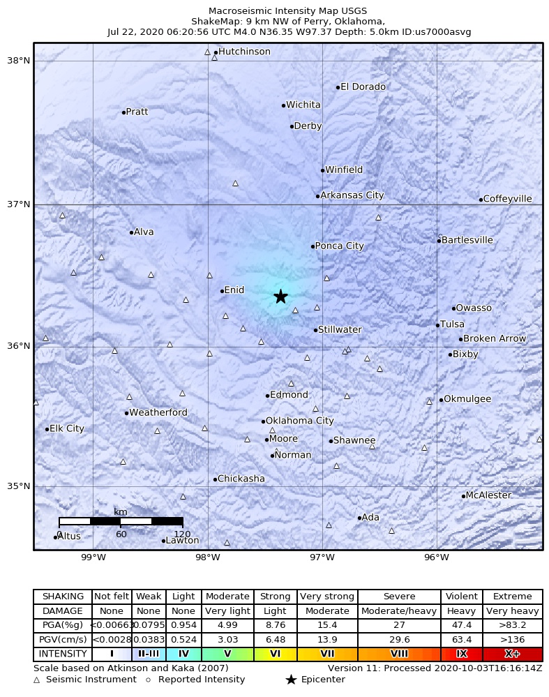USGS ShakeMap: estimated shaking intensity around the epicenter