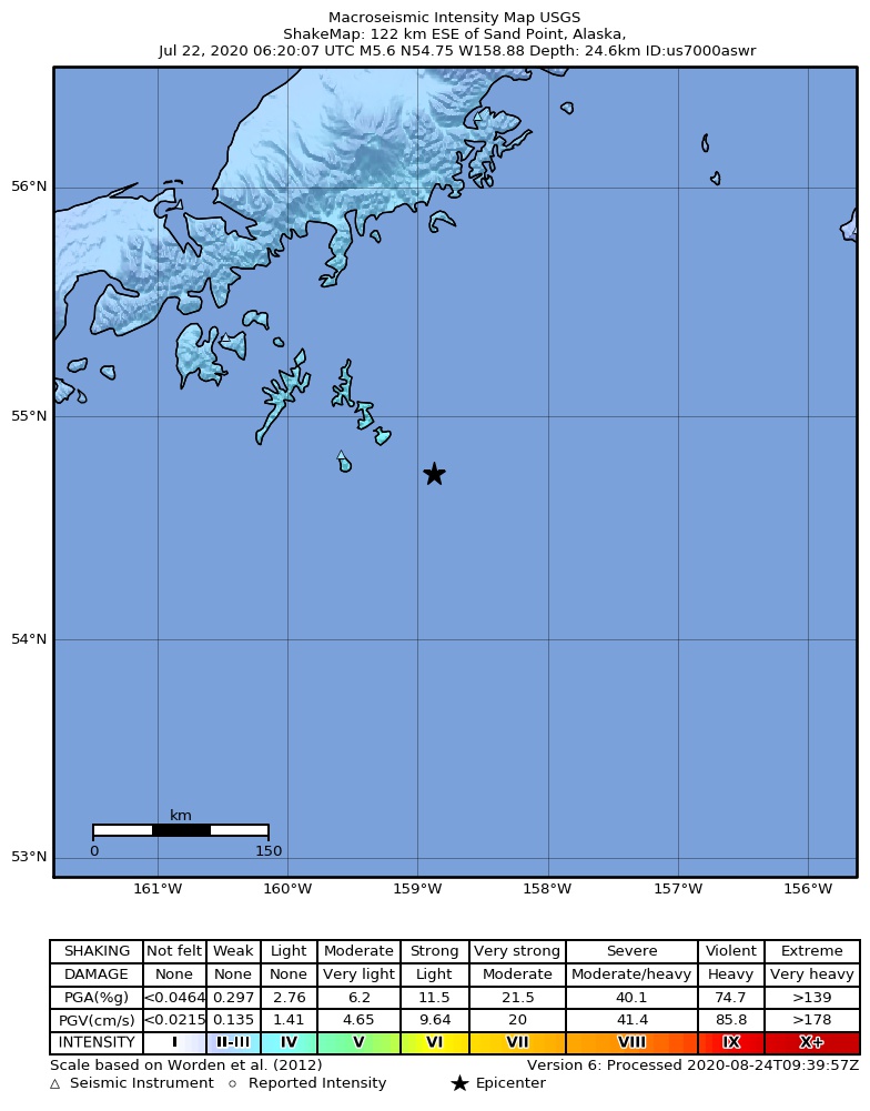 USGS ShakeMap: estimated shaking intensity around the epicenter