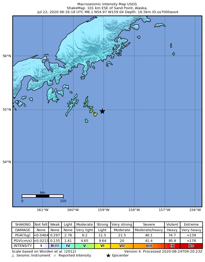 USGS ShakeMap: estimated shaking intensity around the epicenter