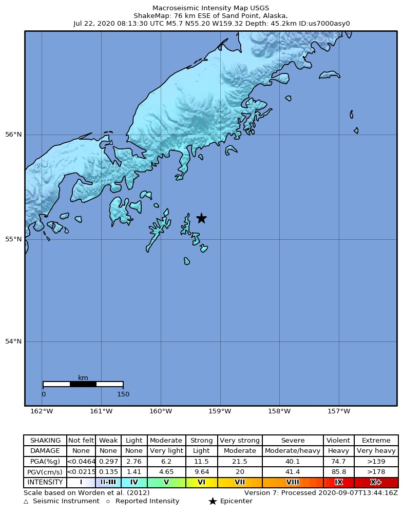 USGS ShakeMap: estimated shaking intensity around the epicenter