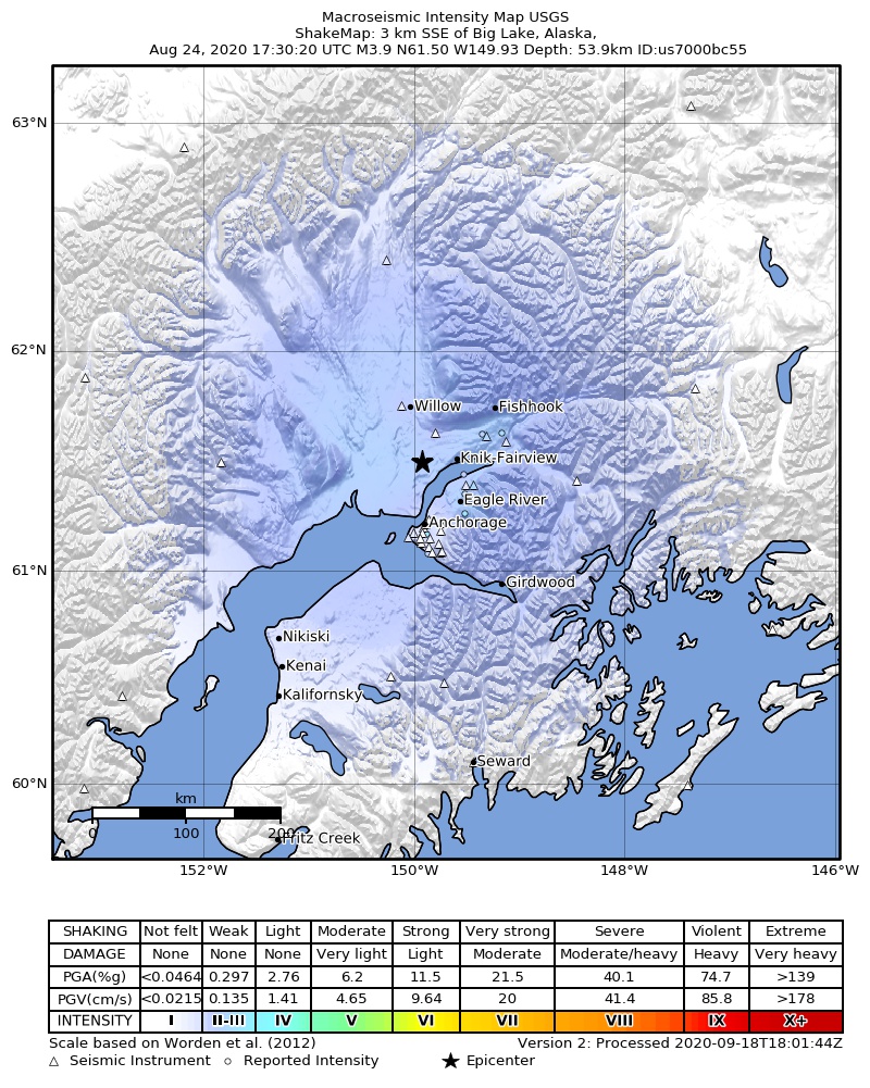 USGS ShakeMap intensity contours for the M3.4 earthquake near 4 km SE of Big Lake, Alaska