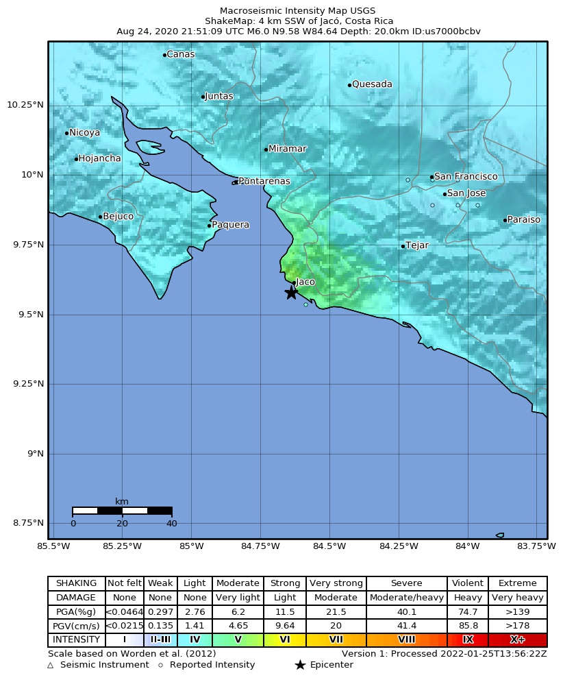 USGS ShakeMap intensity contours for the M6.0 earthquake near 4 km SSW of Jacó, Costa Rica