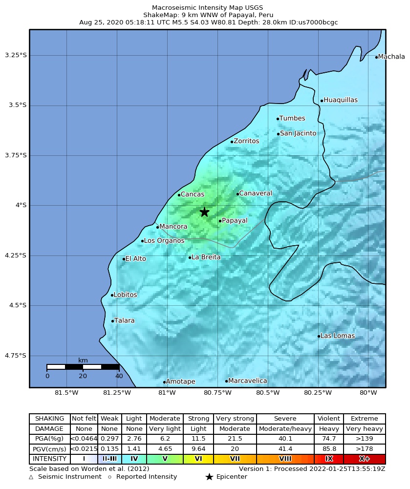 USGS ShakeMap intensity contours for the M5.5 earthquake near 9 km WNW of Papayal, Peru