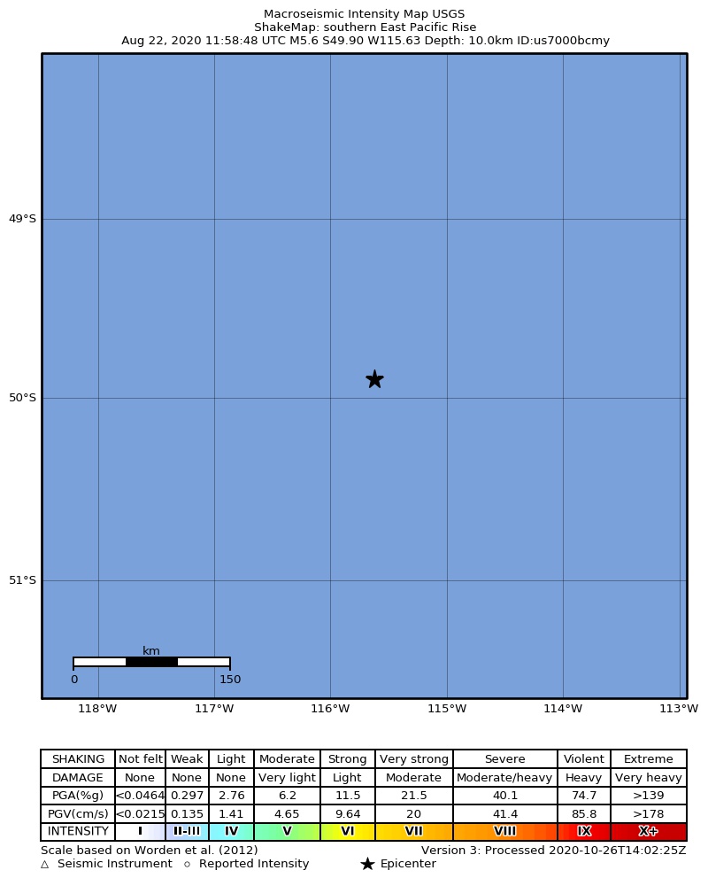 USGS ShakeMap intensity contours for the M5.6 earthquake near southern East Pacific Rise