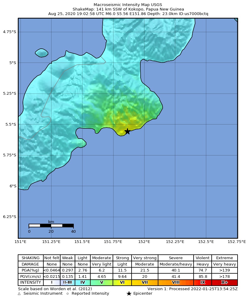 USGS ShakeMap intensity contours for the M6.0 earthquake near 141 km SSW of Kokopo, Papua New Guinea